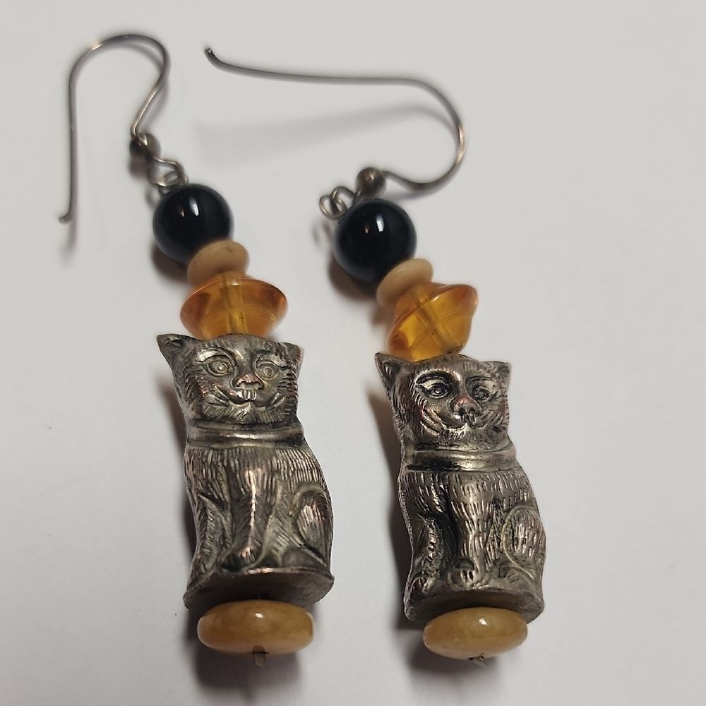Handcrafted Silver Cat Drop Earrings with Amber and Black Beads - Picture 3 of 4